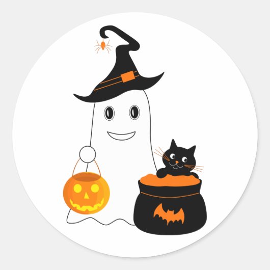 Cute spook met zwarte kat viert halloween ronde sticker (Voorkant)