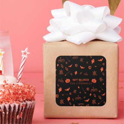 Cute Spooky Ghost Black Orange Halloween Vierkante Sticker (Feest)