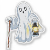 Cute Spooky Ghost with Lantern and Wooden Cane  Sticker (Voorkant)