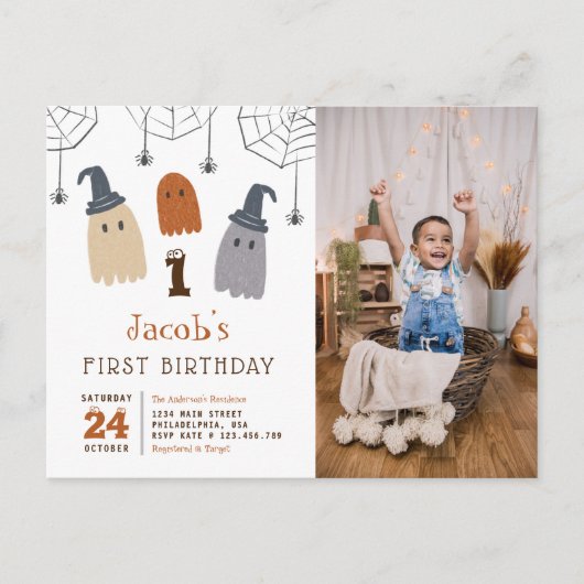 Cute Spooky Ghosts Spiers First Birthday Photo Uitnodiging Briefkaart (Voorkant)