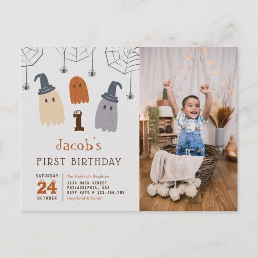 Cute Spooky Ghosts Spiers First Birthday Photo Uitnodiging Briefkaart (Voorkant)