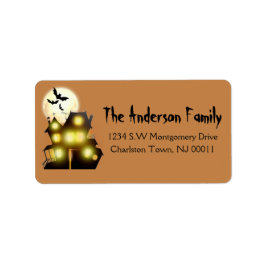 Cute Spooky Halloween Moon Haunted House & Bats Etiket