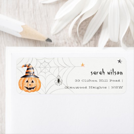 Cute Spooky Halloween Pumpkin Spider Adres Etiket (Insitu)