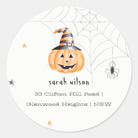 Cute Spooky Halloween Pumpkin Spider Adres Ronde Sticker (Voorkant)