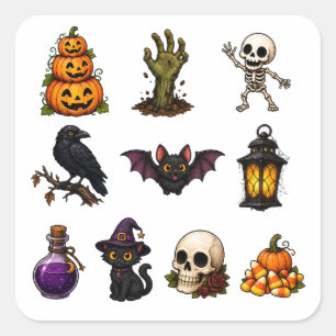 Cute & Spooky Halloween Stickersheet – Pompoenen, Vierkante Sticker
