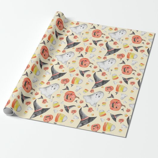 Cute Spooky Halloween Waterverf Witch Ghost Jack Cadeaupapier (Uitgerold)