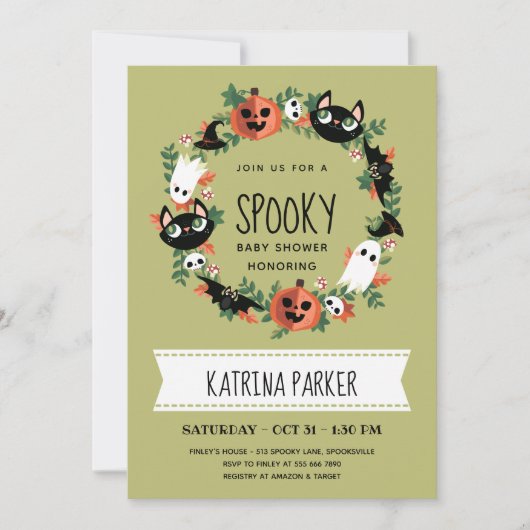 Cute Spooky Halloween Wreate Green Baby shower Kaart (Voorkant)