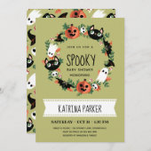 Cute Spooky Halloween Wreate Green Baby shower Kaart (Voorkant / Achterkant)