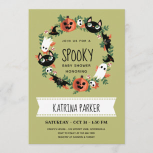Cute Spooky Halloween Wreate Green Baby shower Kaart