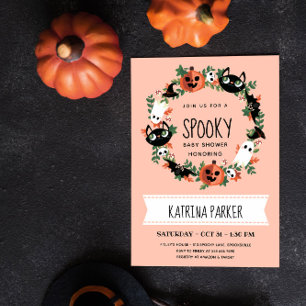 Cute Spooky Halloween Wreath Blush Baby shower Kaart