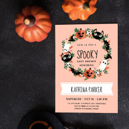 Cute Spooky Halloween Wreath Blush Baby shower Kaart