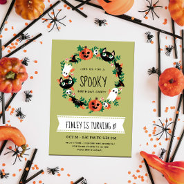 Cute Spooky Halloween Wreath Green Kids Birthday Kaart