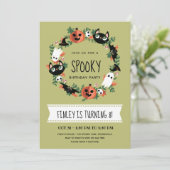 Cute Spooky Halloween Wreath Green Kids Birthday Kaart (Staand voorkant)