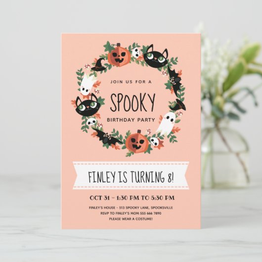 Cute Spooky Halloween Wreath Kids Birthday Kaart (Staand voorkant)