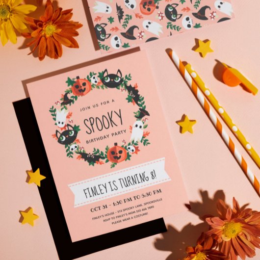 Cute Spooky Halloween Wreath Kids Birthday Kaart