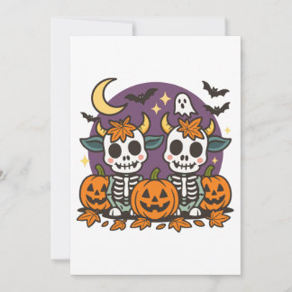 Cute Spooky Skeleton Cows with Pumpkins Invitation Kaart