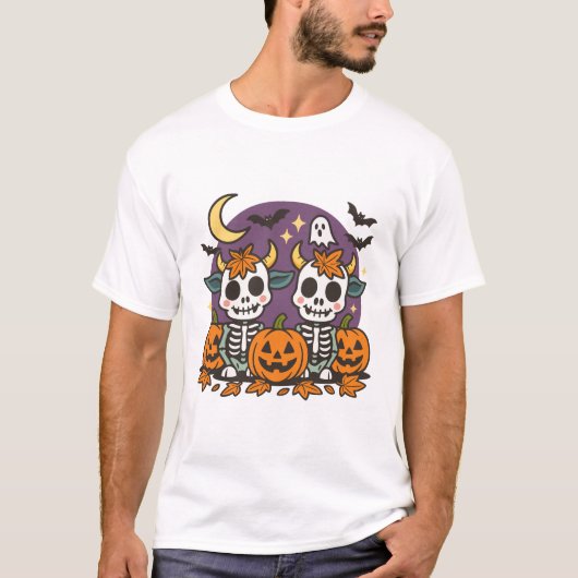 Cute Spooky Skeleton Cows with Pumpkins T-Shirt (Voorkant)