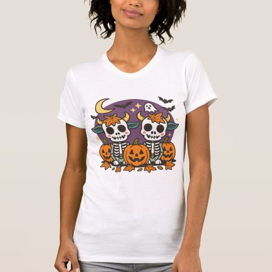 Cute Spooky Skeleton Cows with Pumpkins T-Shirt (Voorkant)