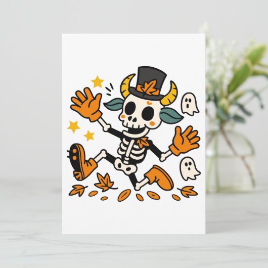 Cute Spooky Skeleton Goat with Top Hat Invitation Kaart (Staand voorkant)