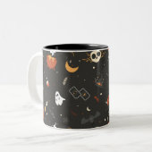 Cute Spooky Whimsical Halloween Pattern Achtergron Tweekleurige Koffiemok (Voorkant links)