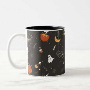 Cute Spooky Whimsical Halloween Pattern Achtergron Tweekleurige Koffiemok