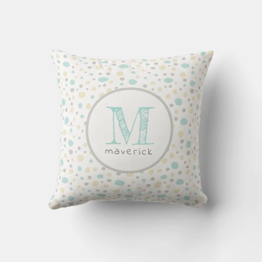 Cute Spots Deel Mint Geel Grijs Baby Monogram Kussen (Achterkant)