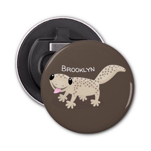 Cute spotted tan gecko cartoon illustration button flesopener (Voorkant)
