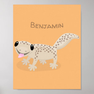 Cute spotted tan gecko cartoon illustration poster