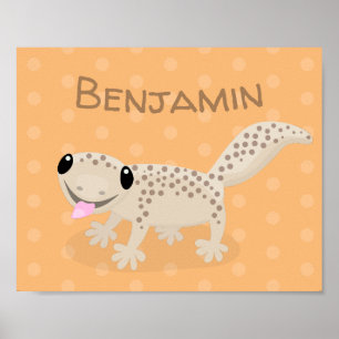 Cute spotted tan gecko cartoon illustration poster