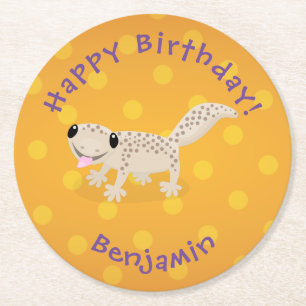 Cute spotted tan gecko cartoon illustration ronde kartonnen onderzetter