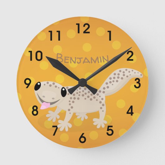 Cute spotted tan gecko cartoon illustration round ronde klok (Voorkant)