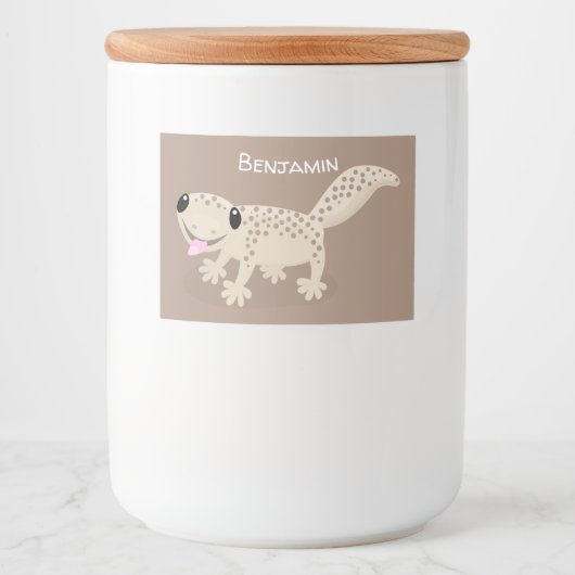 Cute spotted tan gecko cartoon illustration voedselcontainer etiket (Voorkant)
