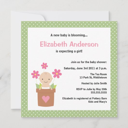 Cute Spring Baby shower Invitation - Girl Kaart (Voorkant)