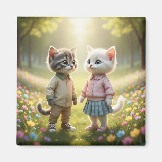 Cute Spring Cat Magnet | Tom & Luna Flower Meadow  (Voorkant)