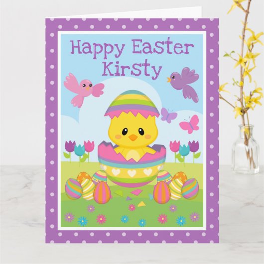 Cute Spring Chick & Chocolate Eggs Easter Kaart (Gele Bloem)