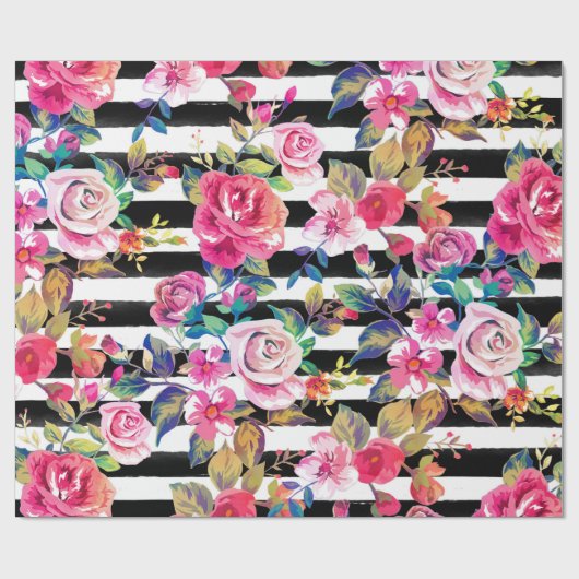 Cute spring floral and stripes waterverf Patroon Cadeaupapier (Vlak)
