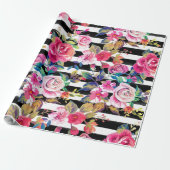 Cute spring floral and stripes waterverf Patroon Cadeaupapier (Uitgerold)