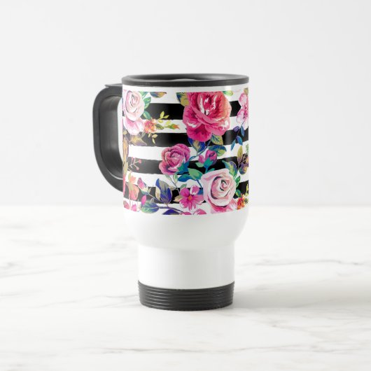 Cute spring floral and stripes waterverf Patroon Reisbeker (Voorkant links)