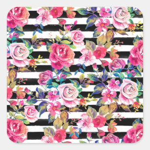 Cute spring floral and stripes waterverf Patroon Vierkante Sticker