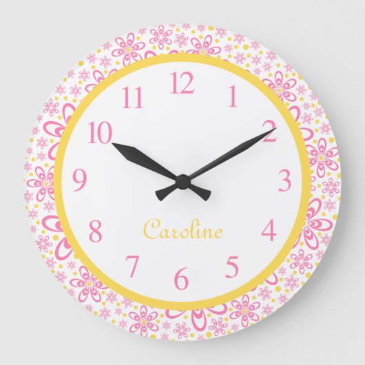 Cute Spring Floral Yellow & Pink Wall Clock Grote Klok (Voorkant)