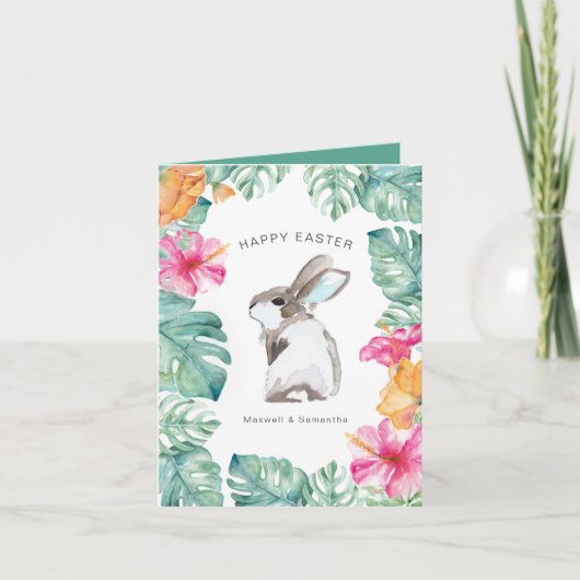Cute Spring Flowers Bunny Easter Card Feestdagen Kaart (Voorkant)
