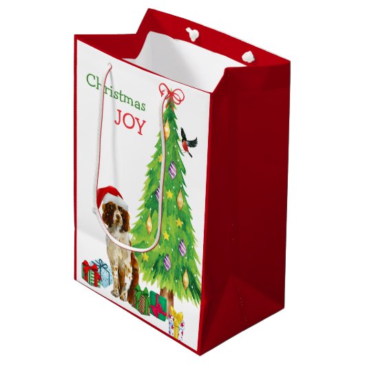 Cute Springer Spaniel Santa Hat en kerstboom Medium Cadeauzakje (Voorkant Gekanteld)