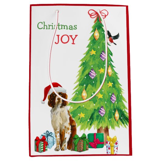 Cute Springer Spaniel Santa Hat en kerstboom Medium Cadeauzakje (Voorkant)