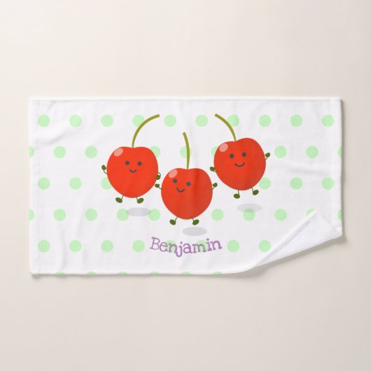 Cute springing red cherries cartoon illustratie bad handdoek (Handdoek)