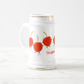 Cute springing red cherries cartoon illustratie bierpul (Voorkant links)