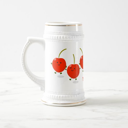 Cute springing red cherries cartoon illustratie bierpul (Links)
