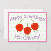 Cute springing red cherries cartoon illustratie briefkaart (Voorkant / Achterkant)