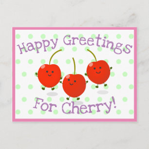 Cute springing red cherries cartoon illustratie briefkaart