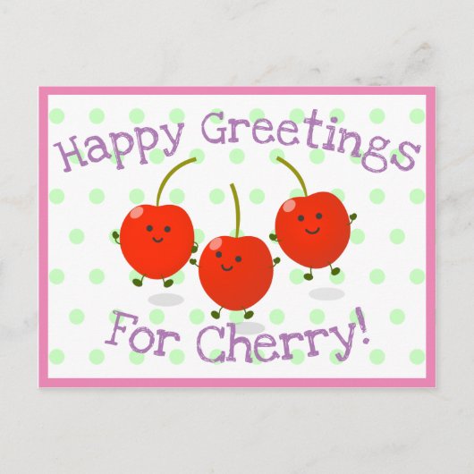 Cute springing red cherries cartoon illustratie briefkaart (Voorkant)