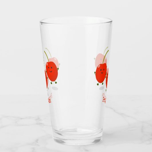 Cute springing red cherries cartoon illustratie glas (Links)